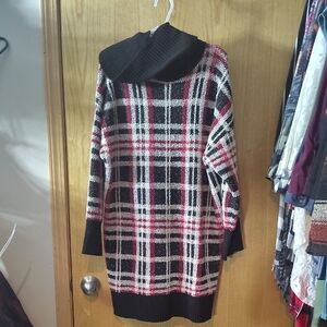 SO Plaid Cowl Neck Sweater Dress - Black, White & Red